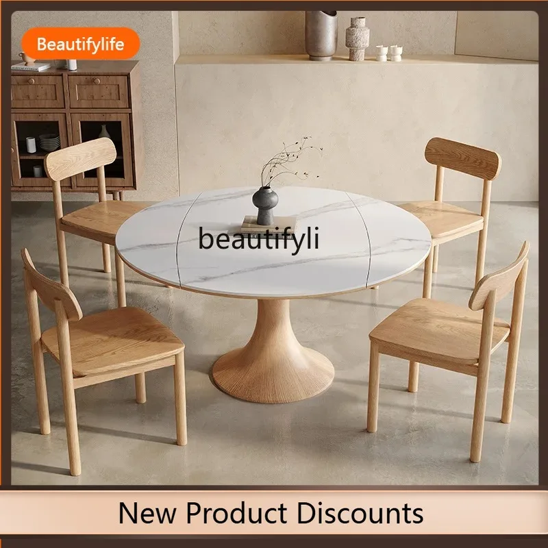 

f09 Nordic Round Extendable Square to Round Dual-use Rock Slab Dining Table, Telescopic Folding Household Dining Table and Chair