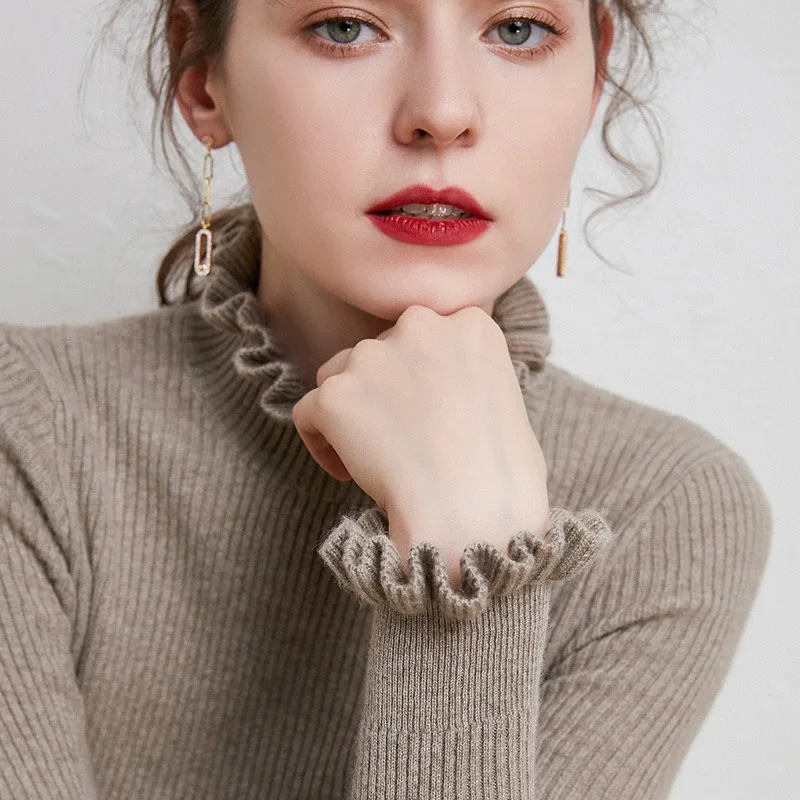 

2025 autumn and winter new style wooden ear edge collar base shirt women's half high collar knitted shirt pullover slim-fitting