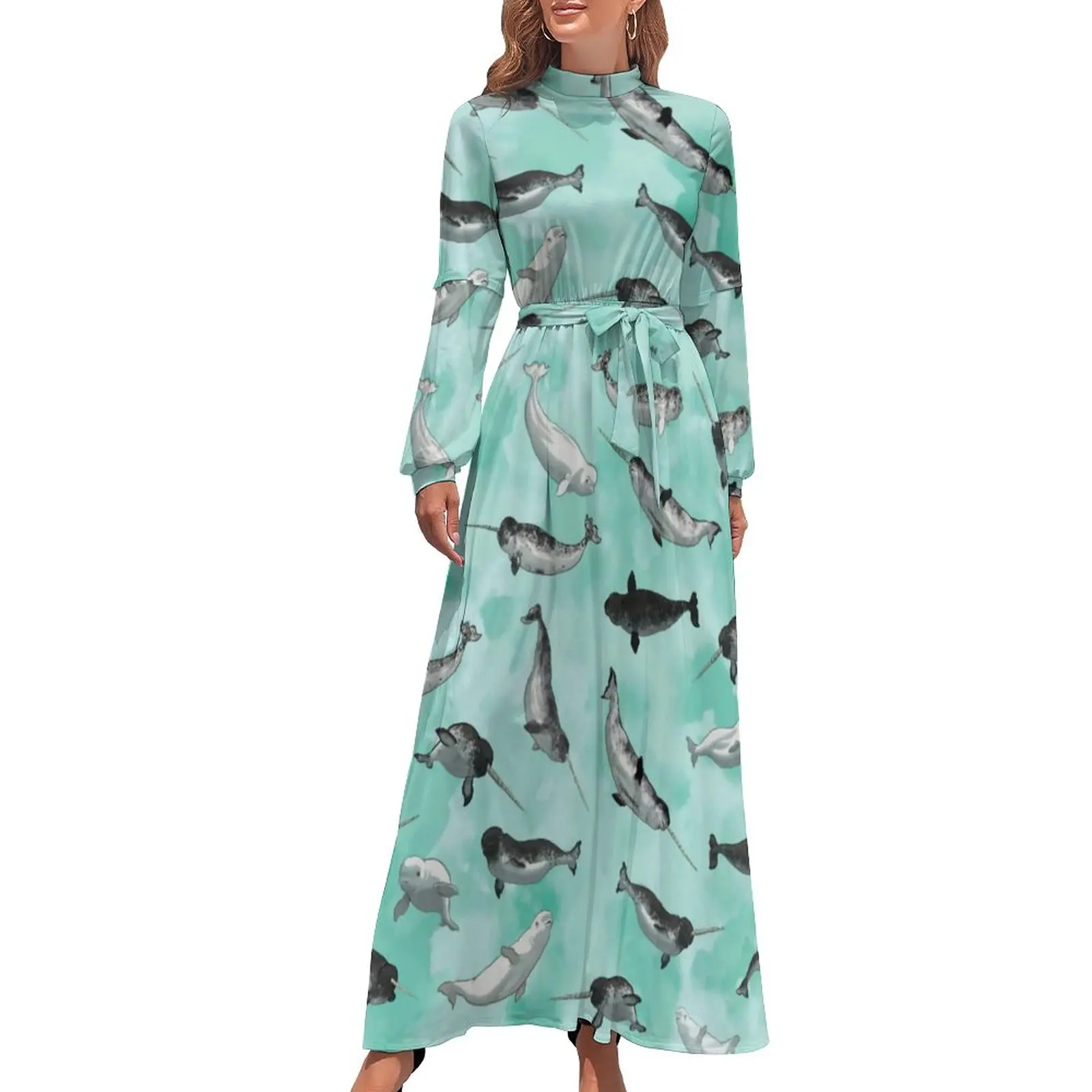 Arctic Animal Print Dress Long Sleeve Narwhal and Beluga Kawaii Maxi Dress High Waist Cute Bohemia Long Dresses Birthday Gift