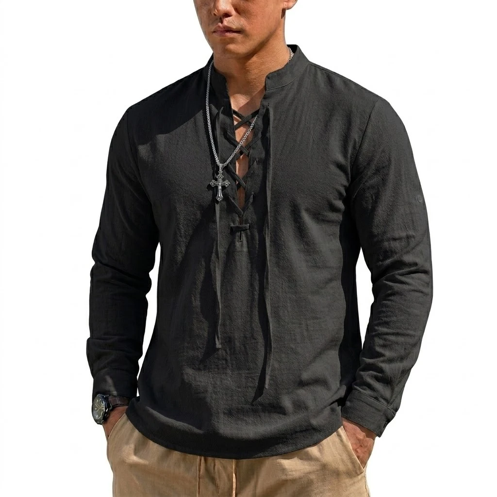 New Renaissance Shirt Cotton Linen Shirts Men Long Sleeved Halloween Costume Hawaiian Shirt Pirate Medieval Viking Elegant Shirt
