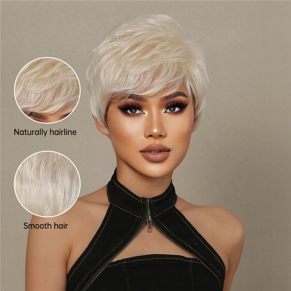 White Platinum Blend Human Hair Wigs for Women Short Pixie Cut Wig With Bangs Daily Natural Bob Human Hair Mixed Synthetic Fiber