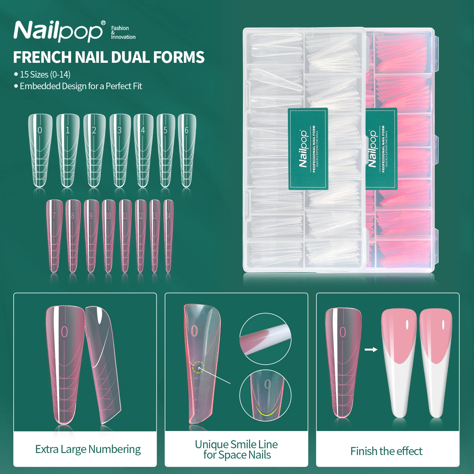 

Nailpop French Nail Dual Forms 150 Pcs for Poly Gel Nail Extensions 15 Sizes Large Number Markings Perfect for French Manicure