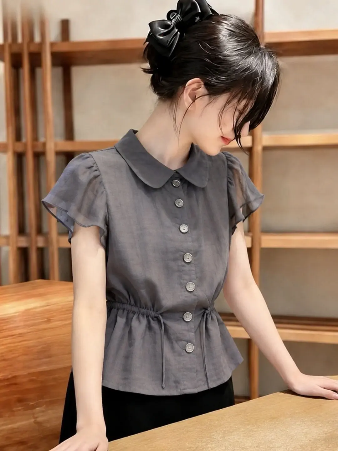 

Elegant Thin Korean Design Sensation Summer Chiffon Shirt Collar Slimming Versatile Top Gathered Waist Short Sleeve Wome...