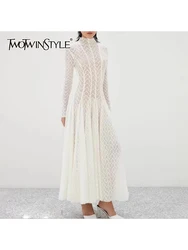 TWOTWINSTYLE Hollow Out Mesh Long Dress for Women Stand Collar Slimming Long Sleeve High Waist Chic Pleated Dresses Female New