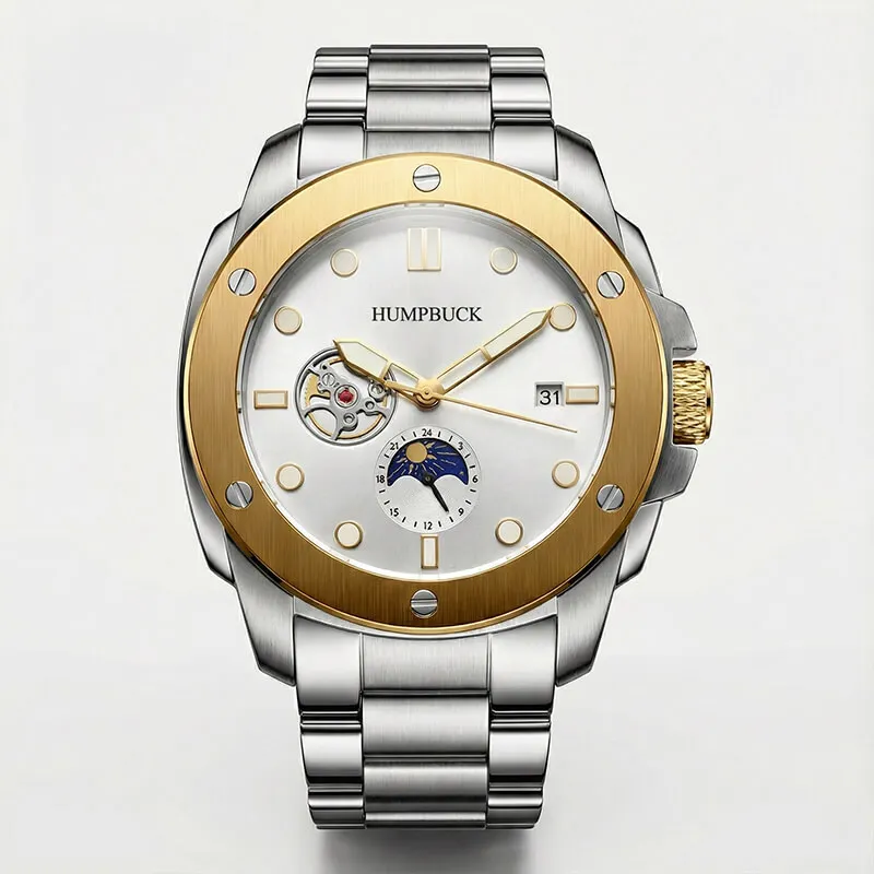 

Мужские часы HUMPBUCK класса люкс с круглым циферблатом, фазами Луны, в механическом стиле, кварцевые наручные часы, классический дизайн, светящиеся стрелки