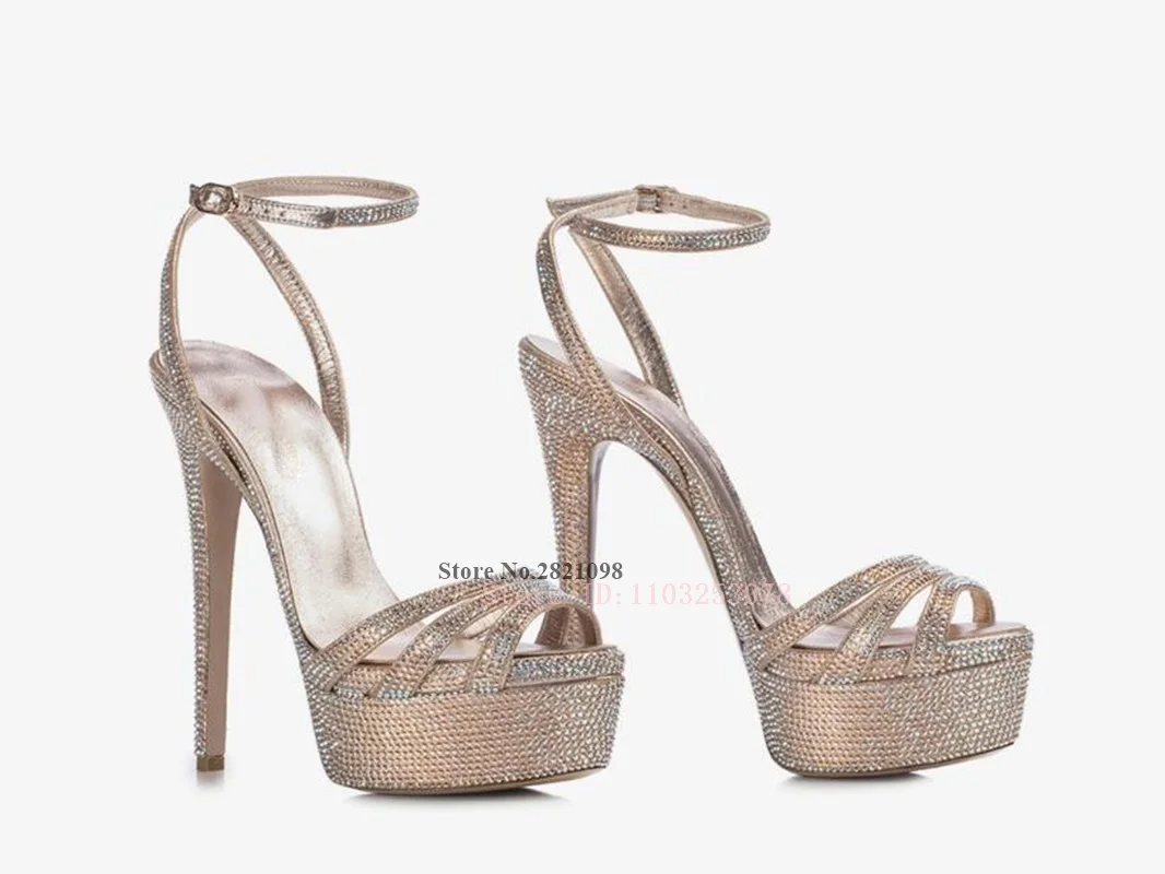 Three Front Straps Studded with Shiny Crystals Stiletto Platform Heeled Sandals Thin High Heel Women Summer Fashion Shoes