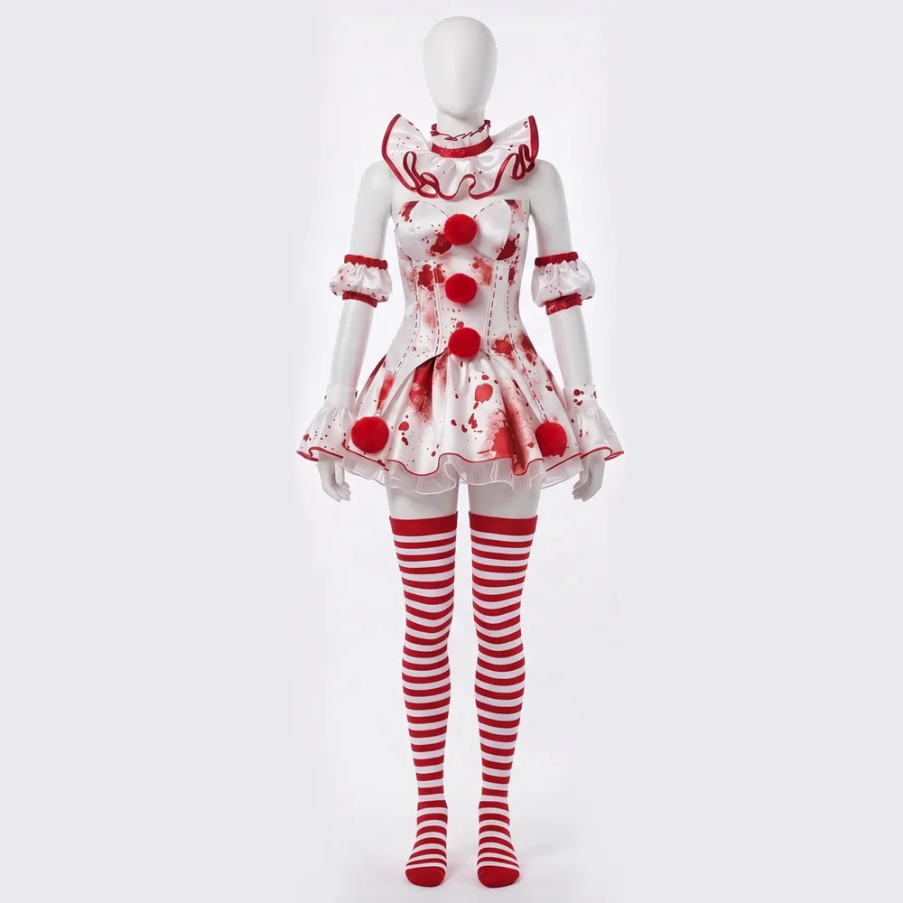 Déguisement Clown Sanglant Femme – Robe Rouge et Blanche avec Bas – photo 3