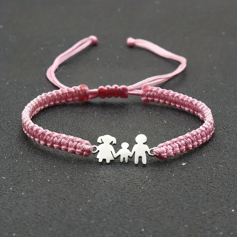 Cute Stainless Steel Family Dad Mom Son Charm Bracelet for Men Women Braided Adjustable Rope Bracelets Lovers Jewelry Gift