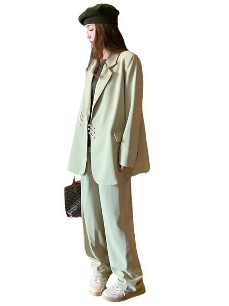 LANMREM Office Lady Two-piece Set Notched Rivet Design Loose Blazer With Long Pants 2024 Summer New Clothing 2Z1554