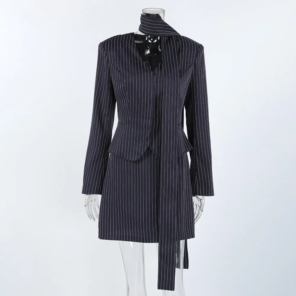 Stylish Stripe Print Two Piece Skirt Outfit Halter Neck High Waist Skirt Suit Fitted Waist Blazer Set For Ladies Workplace