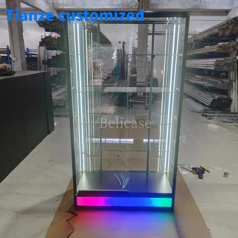 (Customized) fullshow Display smoke shop lockable tall showcase with colorful light retail store aluminum glass