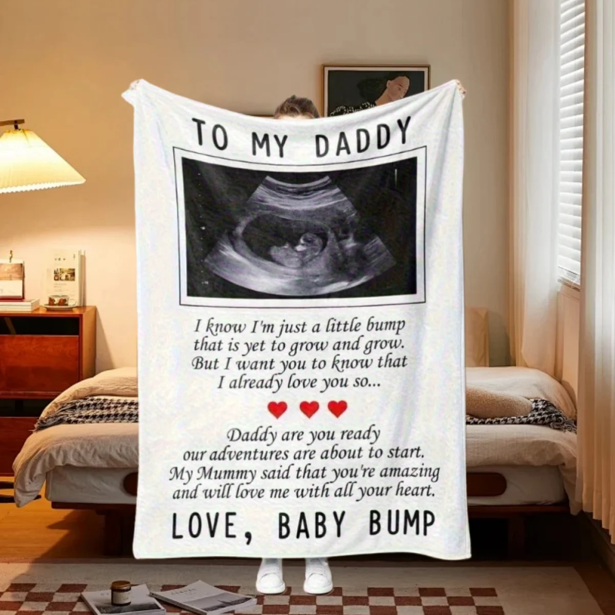 Valentine's Day Gift for New Dad, Personalized Ultrasound Photo Fluffy Blanket, Soft Cozy Throw with 