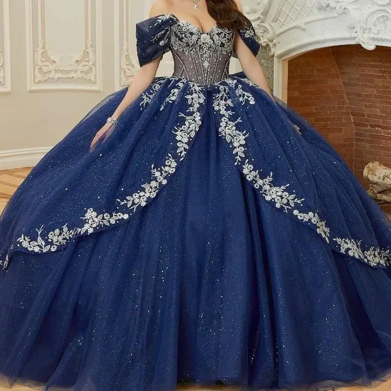 

Customized Navy Blue Ball Gown Quinceanera Dresses Vestidos 15 Años Quinceañera White Appliques Tiered Party Dress