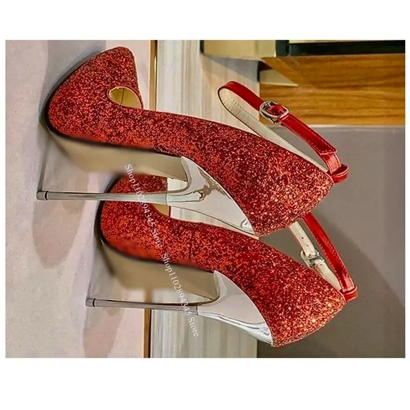 Red Glitter Buckle Hollow Pumps Pointed Toe Thin High Heel Fashion Sexy Cool Summer Big Size Woman Shoes Zapatillas Mujer