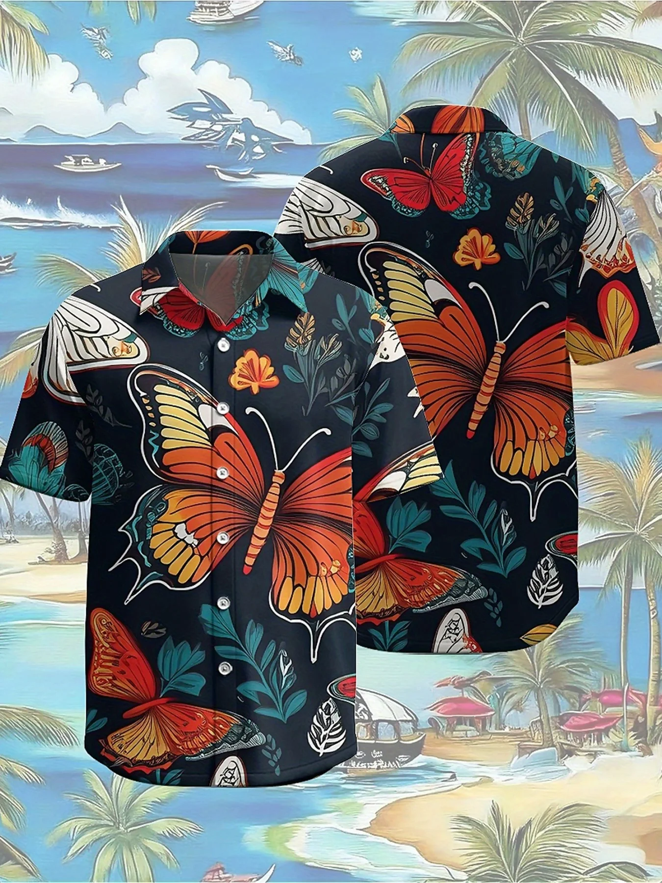 Men's Hawaiian Shirt - Butterfly and Flower Pattern, Impression Style, Plus Size Aloha Shirt Breathable Loose, Casual Summer Top