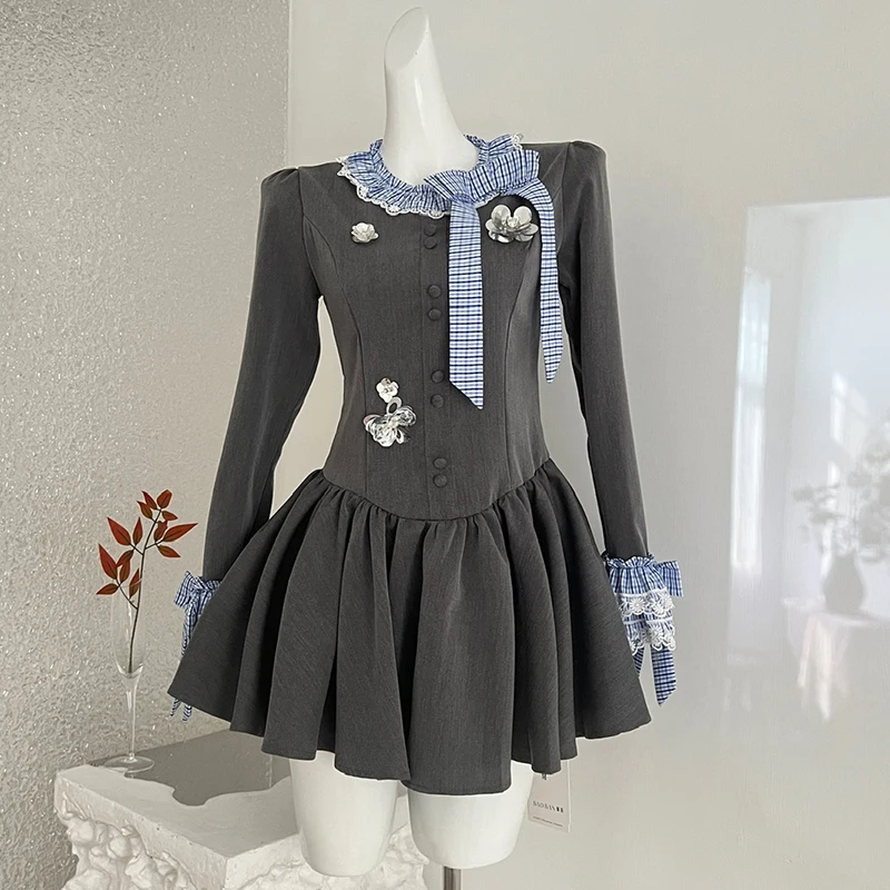 

Элегантное французское мини-платье, женское клетчатое лоскутное повседневное платье на молнии с длинным рукавом и 3D блестками, милое кружевное платье в консервативном стиле с цветочным принтом