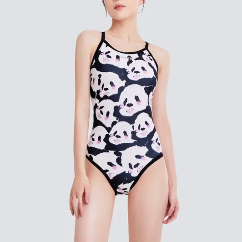 One-piece Panda Swimsuit for Women Peach Plaid Classic Training for Racing Slim Swimwear Professional Spice Girl Bathing Suit