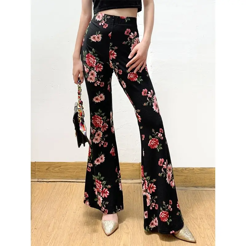 Retro Summer Women's 2024 Spliced Elasticized High-waisted Pocket Printed Fashion Slim All-match Minimalist Casual Flare Pants