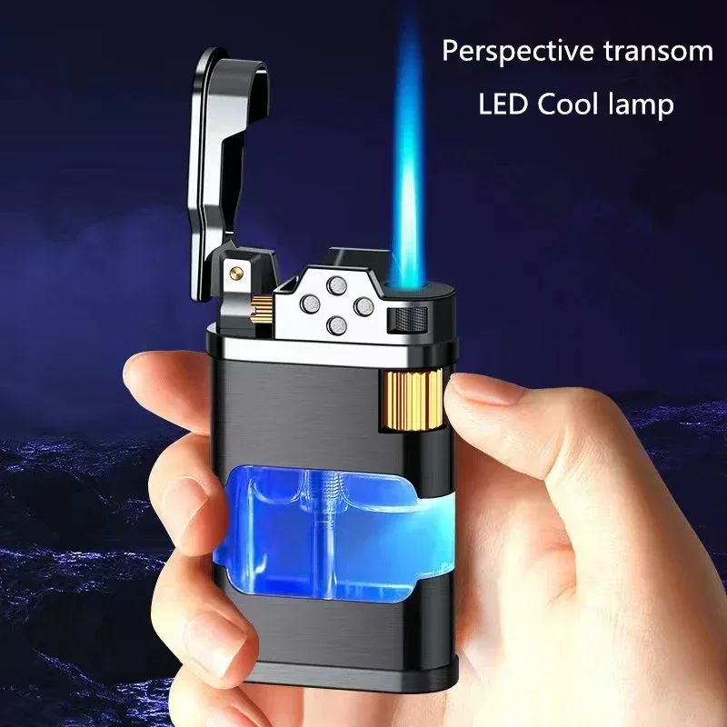 Metal Transparent Windproof Butane Gas Torch Lighter Classic Grinding Wheel Ignition Turbo Jet Blue Flame Cigar Lighters Gadgets