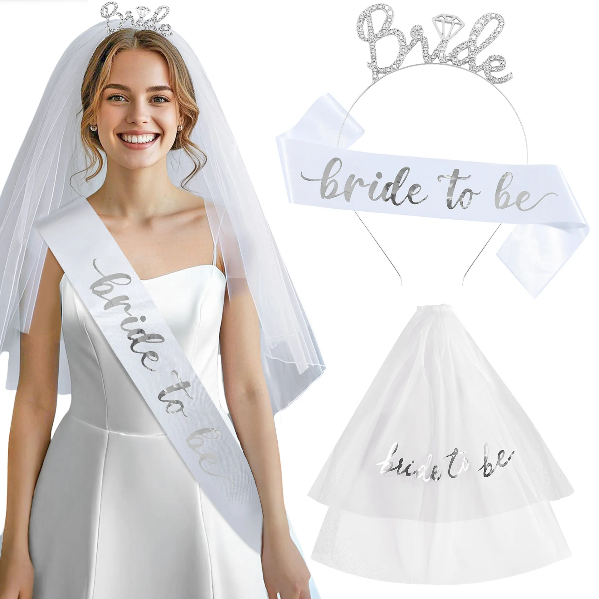 

Bachelorette Party Bridal Veil Headwear Set Wedding Shoulder Belt Crown Decor