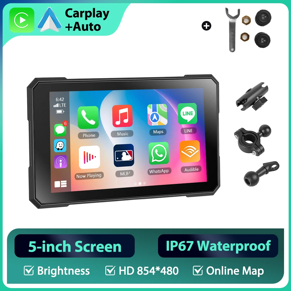 Podofo 5'' Motorrad Carplay Android Auto IP67 Wasserdicht mit Reifendrucküberwachung Zeiteinstellung Smart Screen Player Motorrad-Player