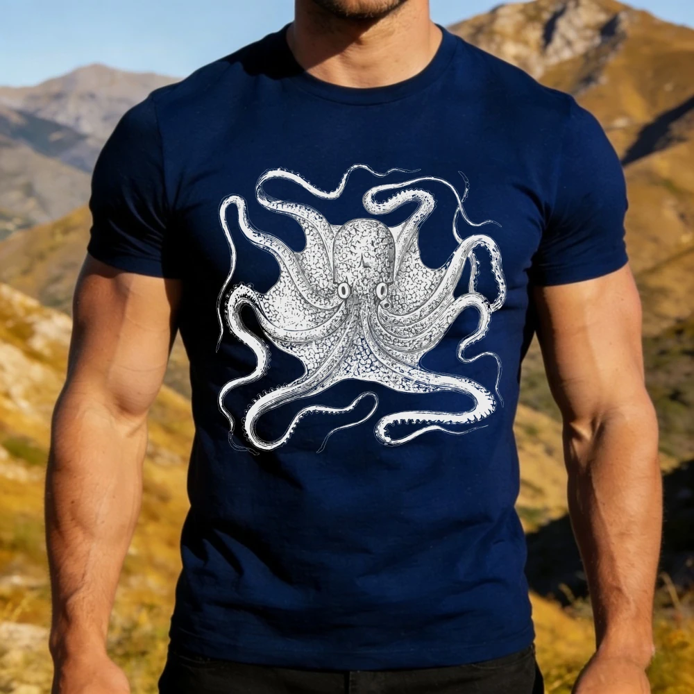 Retro Kraken T-Shirt Vintage Octopus Sea Creature Illustration Printed Tee Nautical Deep Sea Aesthetic Shirt Men Cool Streetwear