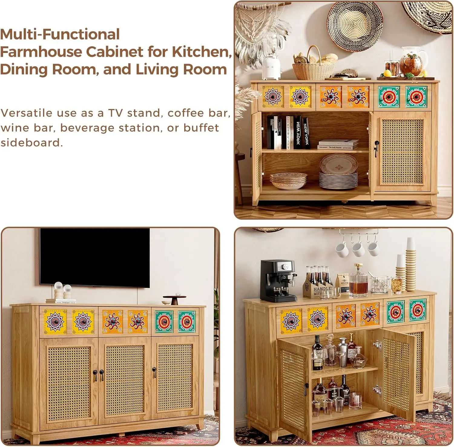 Sideboard Buffet Rattan Cabinet With Storage, Boho Accent Credenza Storage Cabinet With 3 Decorated Doors And 3 Drawers,