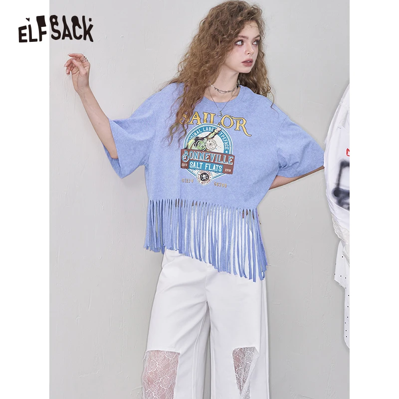 ELFSACK 2025 Summer New Arrivals Women's Fringe Graphic Print T-Shirt Relaxed Fit Statement Tee