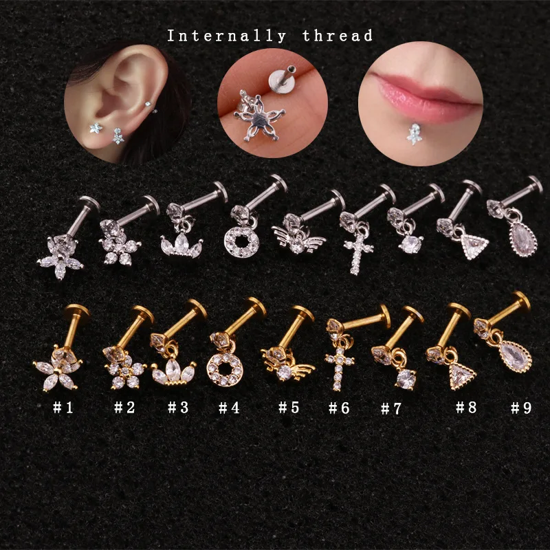 

2Pcs Stainless Steel Piercing Ear Stud Labret Pendant Zircon Lip Stud Ring Internal Thread Tragus Helix Earring Piercing Jewelry