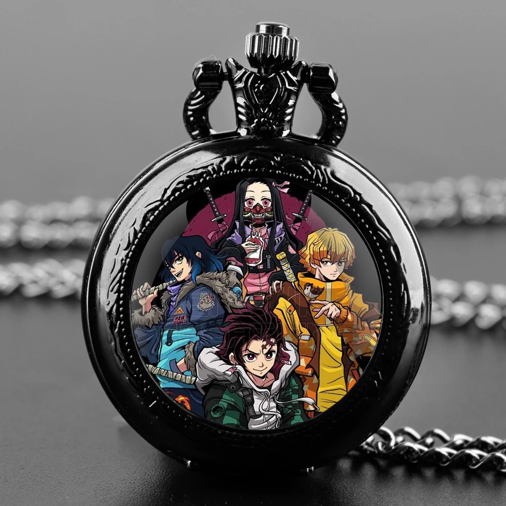 Anime Demon Slayer Nezuko Zenitsu Kamado Black Quartz Pocket Watch Gift Souvenir Unique Unisex Fob Clock Chain Necklace Pendant