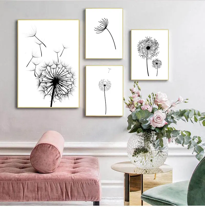 1pc frameless Nordic Dandelion Flower s and prints living room scandinavian black and white wall art canvas abstract painting pi