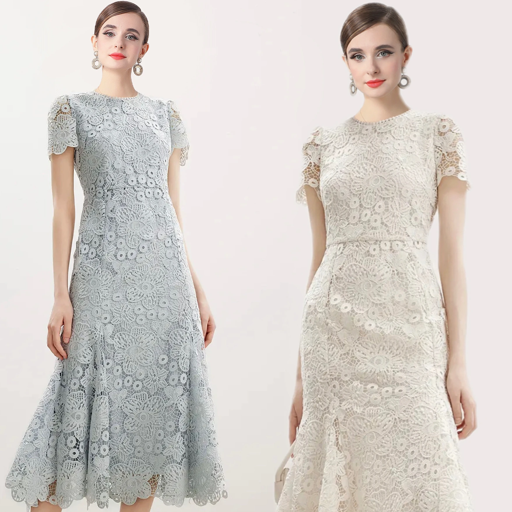 

Luxury Formal Evening Lace Mermaid Dress Women Summer Short Sleeve Crochet Embroidery Prom Midi Dresses Female New