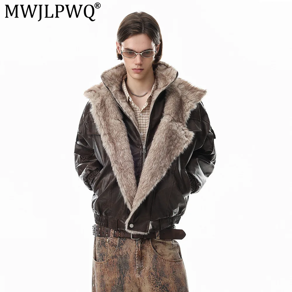 MWJLPWQ PU Leather Fur Thickened Faux Two-Piece Cotton Jacket Men's Winter Outerwear Diagonal Placket Design Casual Tops 21331