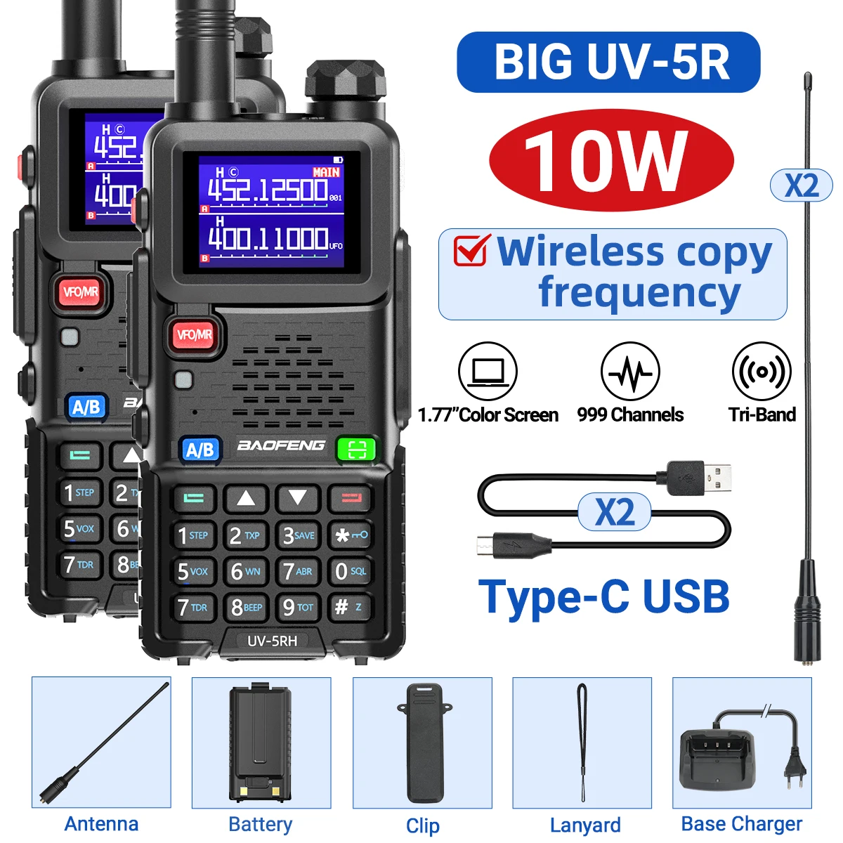 2PCS UV-5RH 10W Air Band Walkie Talkie Draadloze Kopieerfrequentie 999CH Type-C NOAA Lange afstand NOAA VOOR Baofeng UV-5R K5 Ham Radio