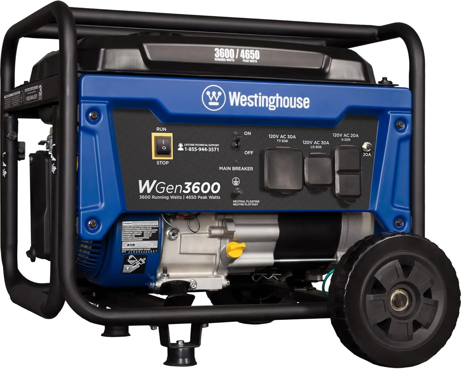 

Westinghouse WGen3600 Portable Generator, 4650 Peak Watts & 3600 Rated Watts, RV Ready 30A Outlet, Wheel & Handle Kit, Gas