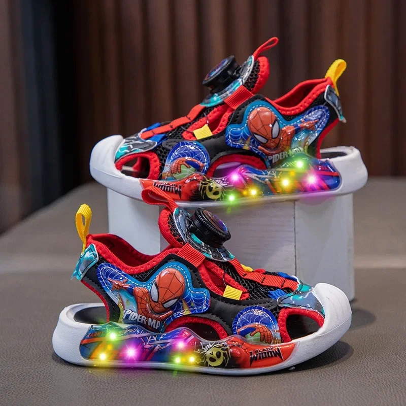 Disney Anime Spiderman Sandals Baby Boys Fashion Dazzling Cool With Led Light Luminescent Shoes Protecting Toe Beach Sandals