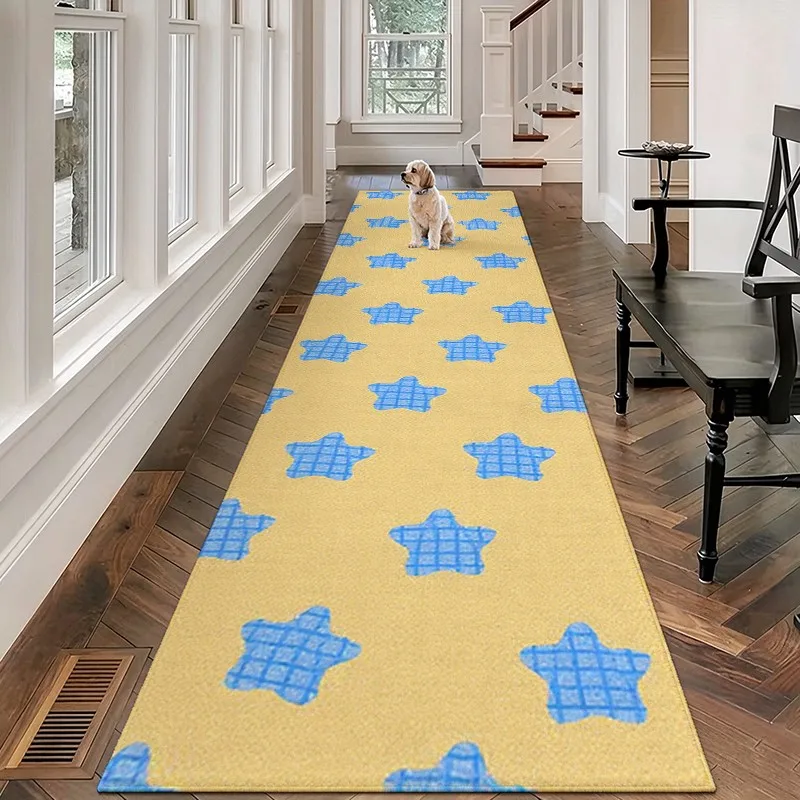1 Piece Light Yellow Blue Grid Star Pattern Carpet, Soft Comfortable, All Season, Lightweight Easy To Maintain, Home Decor For Living Room, Bedroom, Hallway, Autumn, Winter