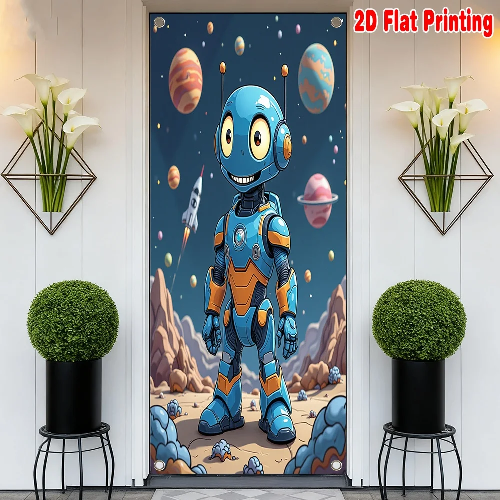 2D Flat 1pc Door Banner Blue Robot in Space Polyester For Perfect for Office Tea Room Living Room and Living Room
