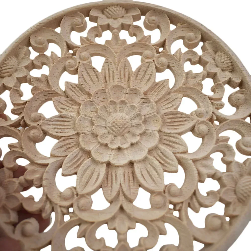 2PCS 10/15/20/24/30cm Carved Flower Round Wood Appliques for Furniture Cabinet Unpainted Wooden Mouldings Decal Decor Figurines