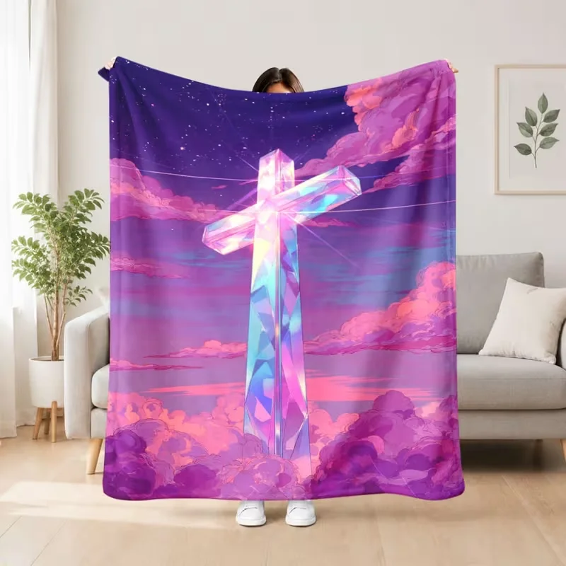 Dreamy Crystal Cross Purple Starry Cloud Sky Print Blanket Aesthetic Religious Faith Pattern  Soft Warm Blanket All Season