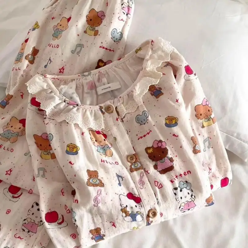 Pajamas New Hello Kitty Spring Summer Long-Sleeved Trousers Set Cartoon Comfortable Home Clothes Cute Lace Girl Two-Piece Set