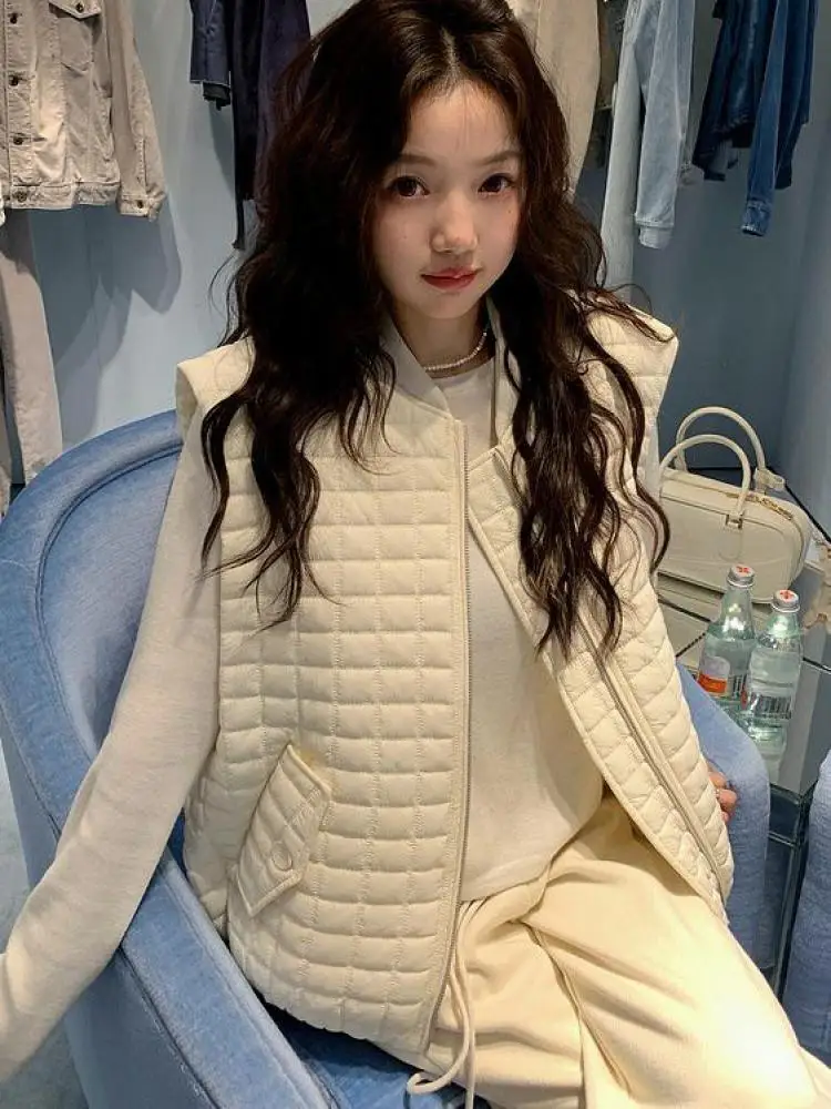 

Autumn Winter Fashion Black White Elegant Down Cotton Vest Coat 2025 Women Korean Pink Sleeveless Zipper Short Tank Tops Popular