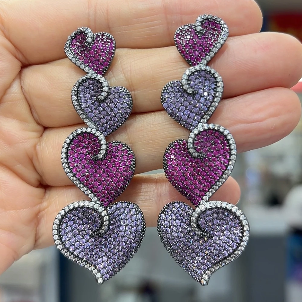 

unique cubic zirconia long statement drop earrings for women jewelry gala event party heart dangle earrings purple orange white