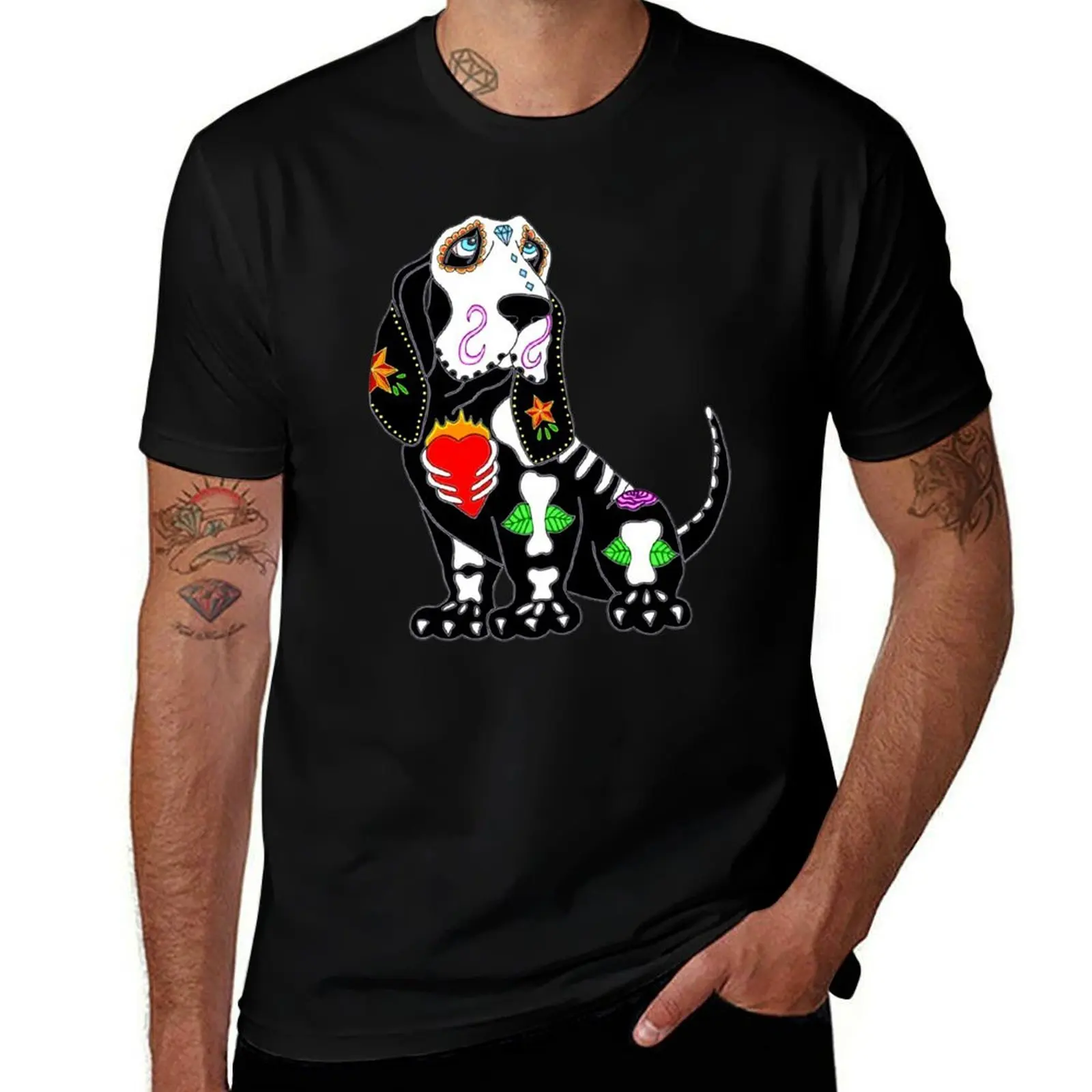 Basset Hound Sugar Skull T-Shirt Casual Loose Daily Wear T-Shirt