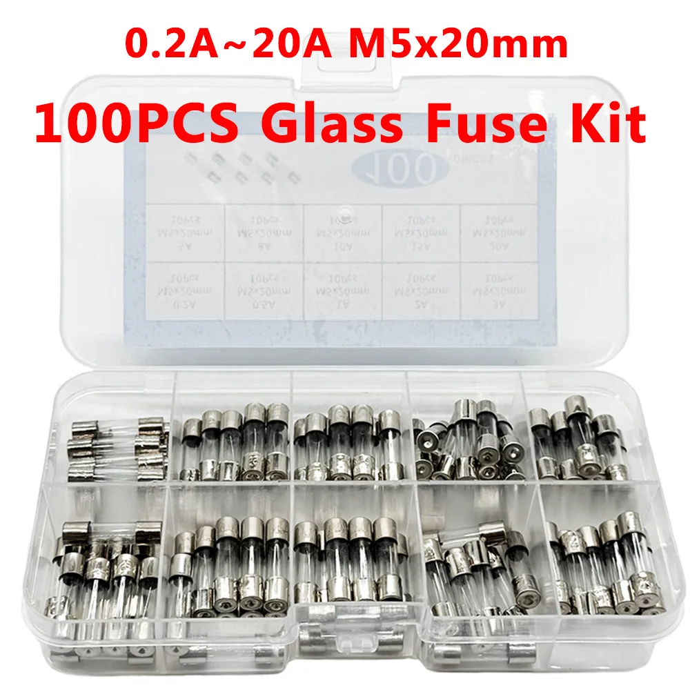 100PCS Fast Blown Glass Fuse Combination Kit M5x20mm 250V Multiple Amp Ratings 0.1A-20A Clear Plastic Storage Box