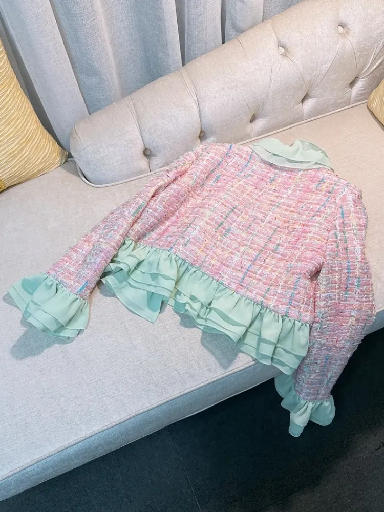 Winter New Pink Office Lady Tweed Jacket Spliced Ruffles Collar Jackets Plaid Open Stitch Outerwear Flare Sleeve Slim Fit Coat