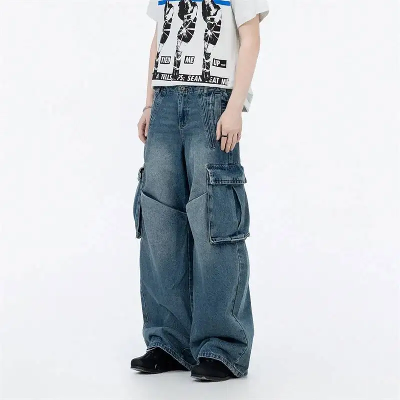 Men's Cargo Workwear Jeans Light Wash Multi Pocket Wide Leg Baggy Casual Streetwear Denim Long Pants NX7P