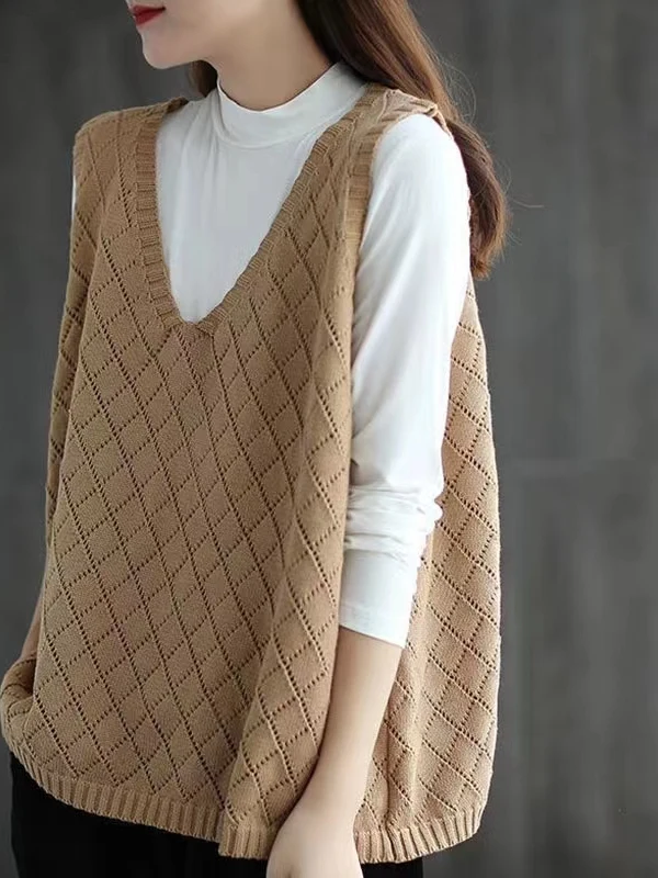 

Ретро Художественный Повседневный Вязаный Жилет V-Ne Выдалбливают Рукоделие Весна Осень Линия Большой Бренд Tagl Tail Цельный