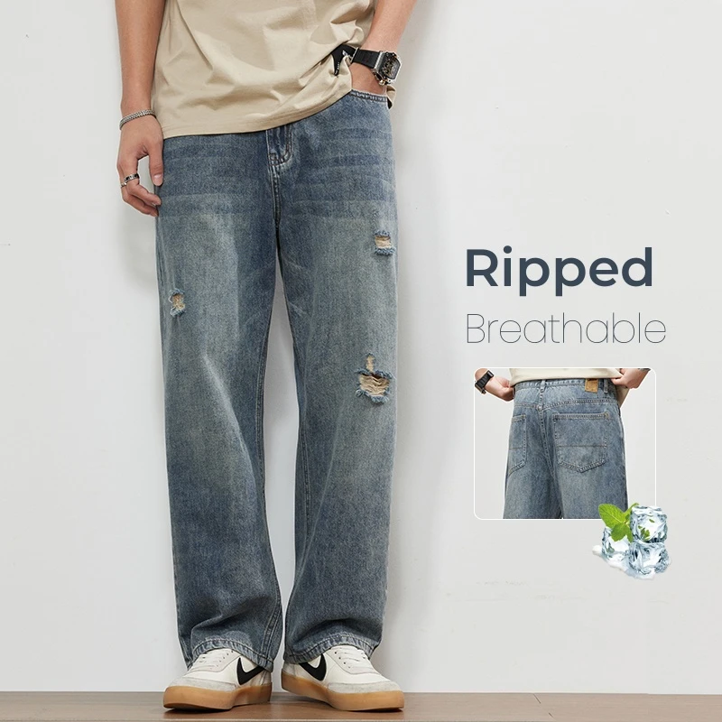 

Fashion Ripped Jeans Men's Summer Thin Soft Straight Vintage Pants Streetwear Hole Loose Casual Male Breathable Denim Pants