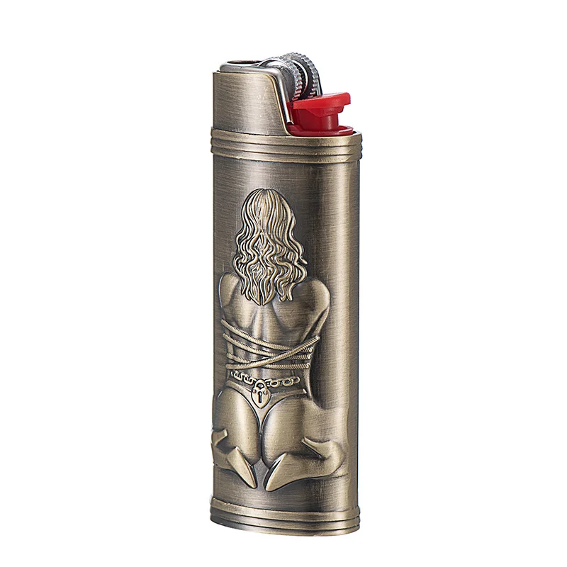 French BIC Lighter Case Cover for Large J6 3D Girl Design, Shockproof Protective Metal Full Size J6 Lighter Holder